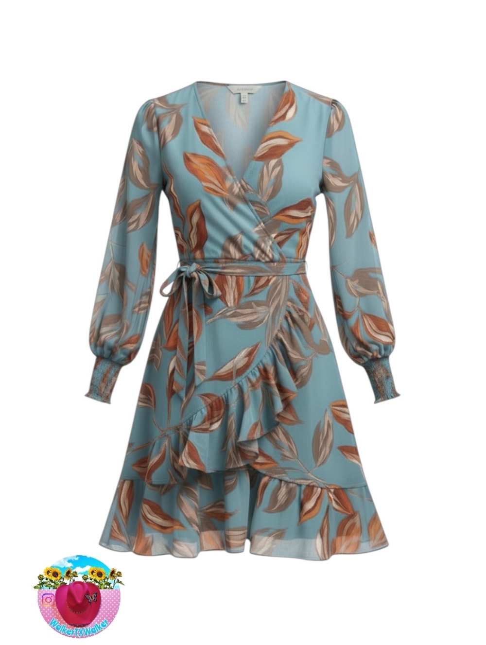 Blue Floral Wrap Dress -Teal Blue- with Tie Waist- Size Small & Medium- NWT - Picture 7 of 8